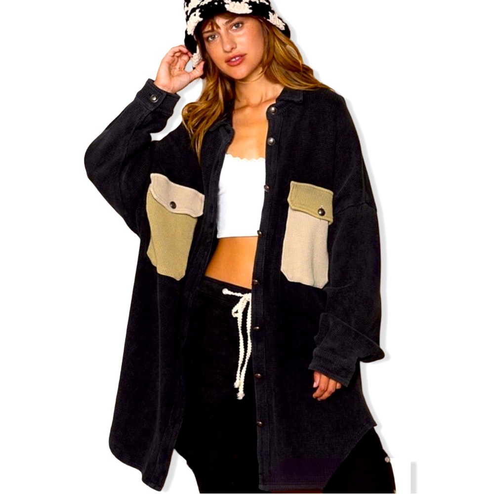 POL In My Cozy Era Ribbed Color-block Pockets Oversized Shacket Size Small
